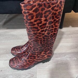 Leopard Print Women's Rain Boots - Brown